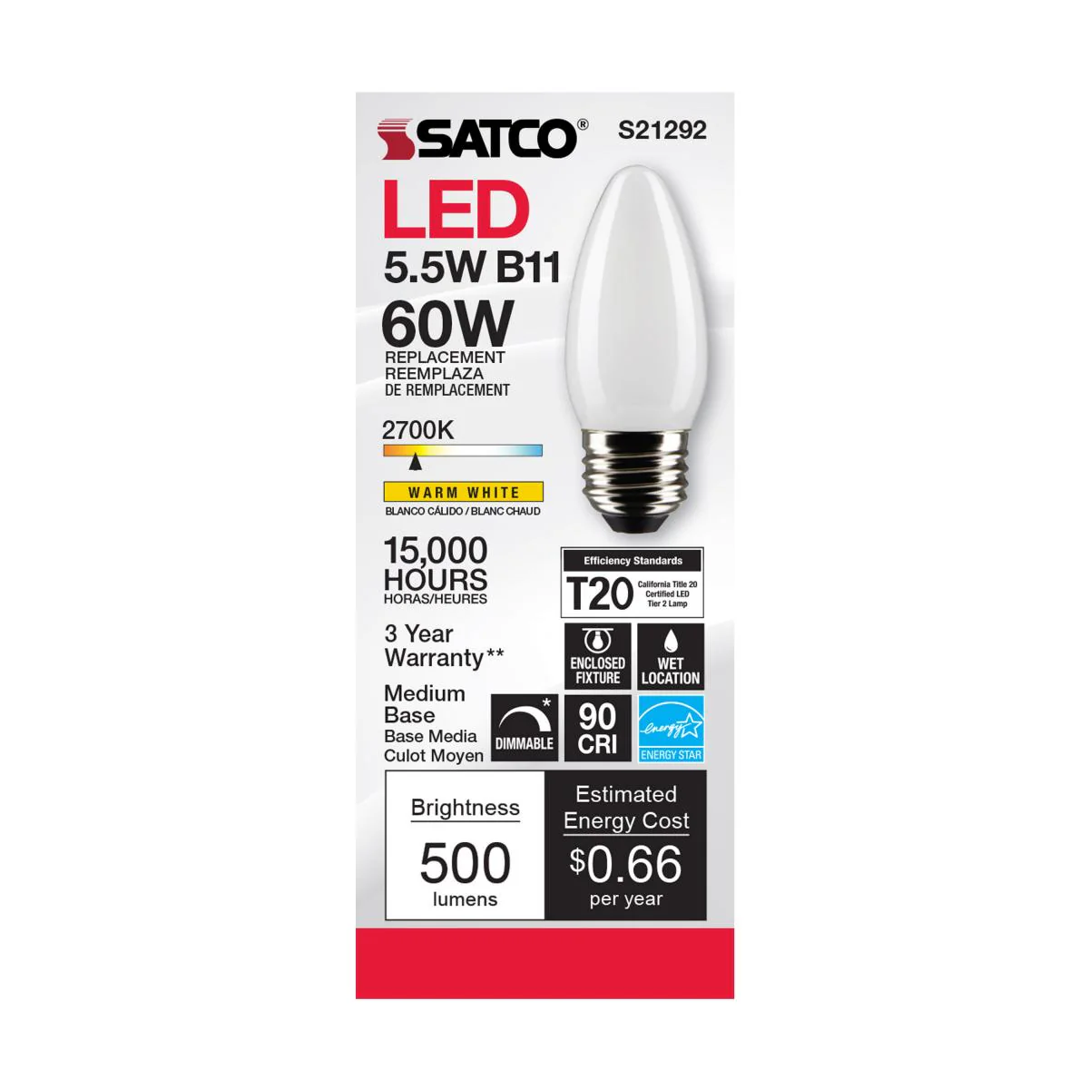 Satco LED Medium Base 60W Equivalent Torpedo Bulb – 5.5W – E26 Edison Base – Frosted – Warm White – 2700K - Image 2