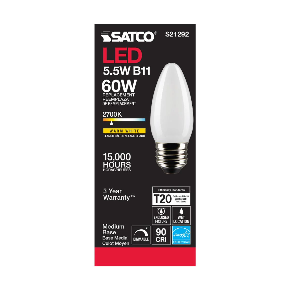 Satco LED Medium Base 60W Equivalent Torpedo Bulb – 5.5W – E26 Edison Base – Frosted – Warm White – 2700K - Image 3