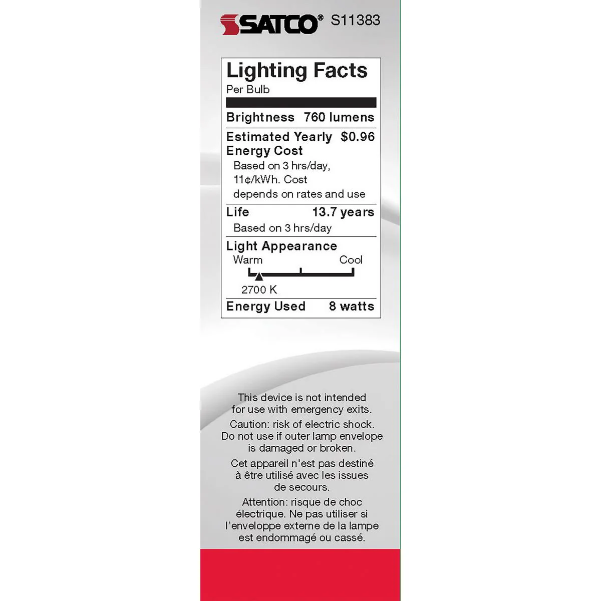 Satco LED 75W Equivalent Torpedo Bulb – 8W – E12 Candelabra Base – Clear – 2700K - Image 3