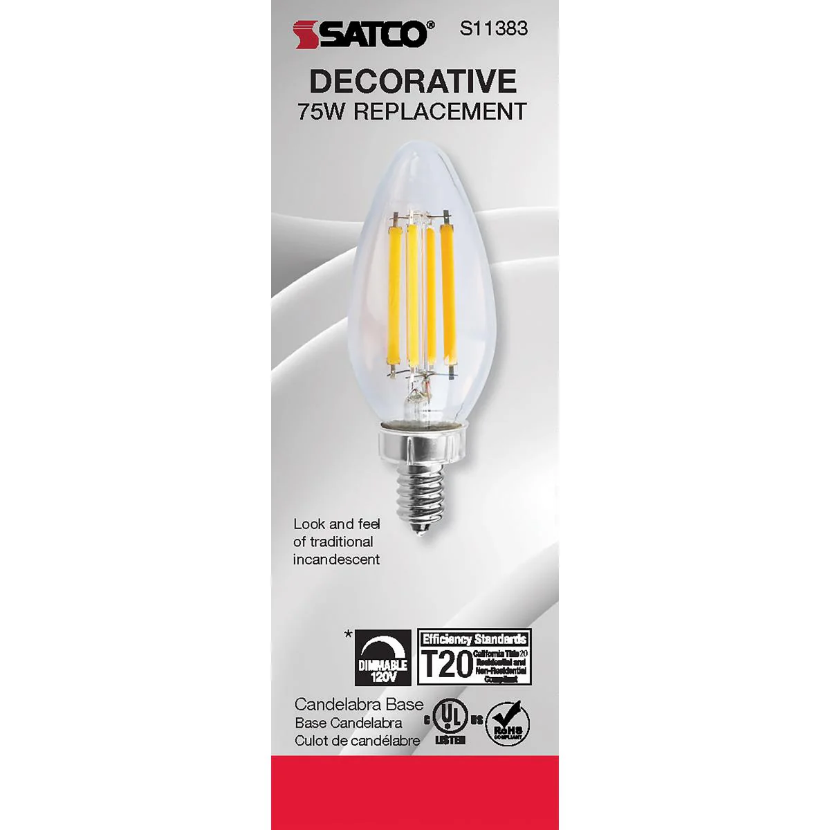 Satco LED 75W Equivalent Torpedo Bulb – 8W – E12 Candelabra Base – Clear – 2700K - Image 4
