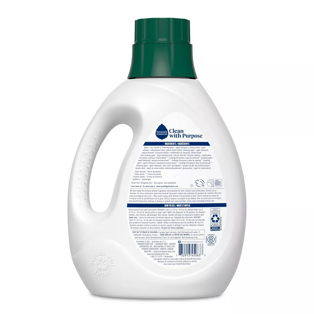 Seventh Generation Biodegradable Free & Clear Liquid Laundry Detergent β 90-oz. - Image 2