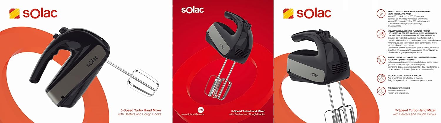 Solac Stainless Steel 5-Speed 200W Hand Mixer + Turbo β Black - Image 5
