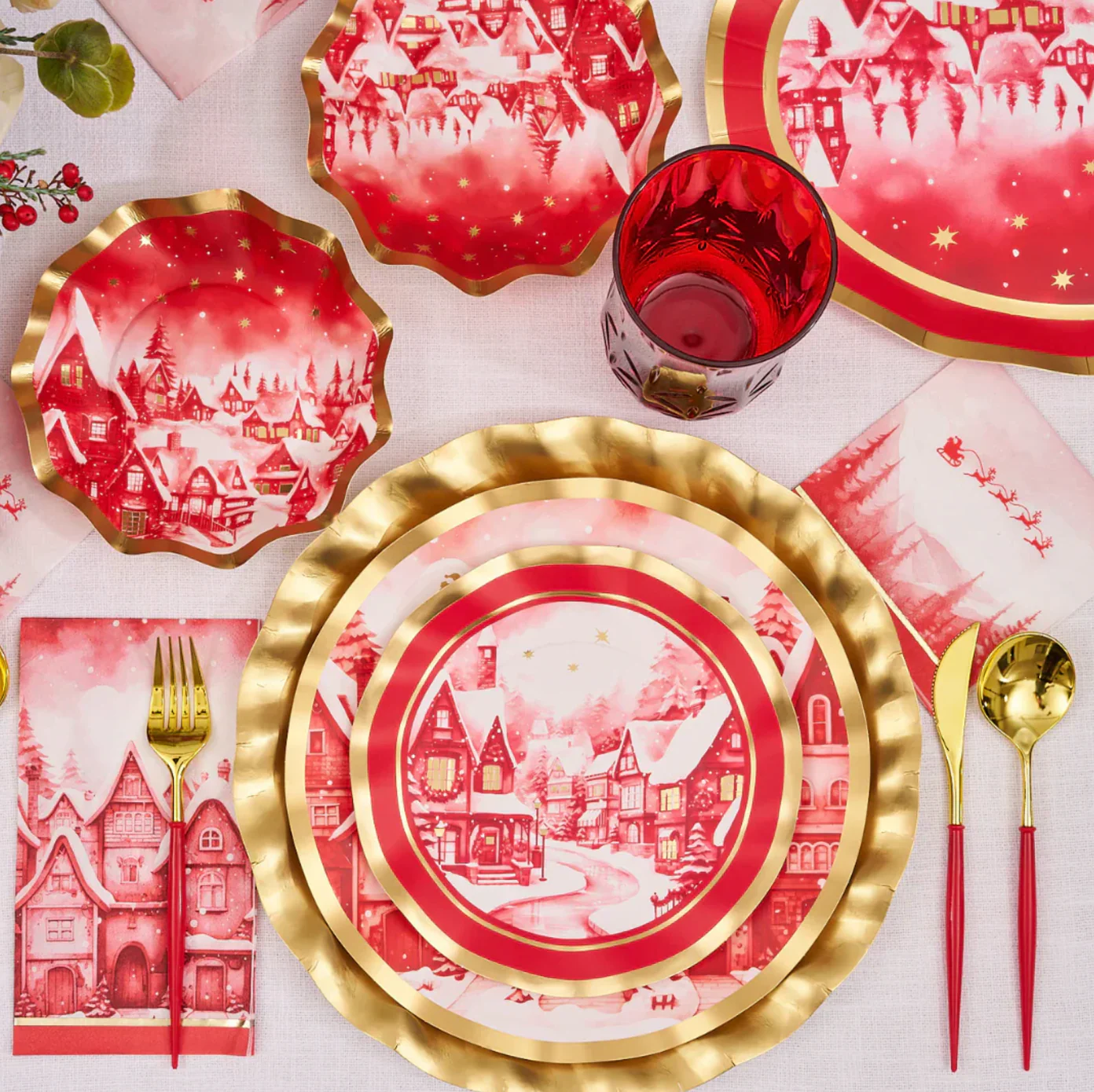Sophistiplate Wavy Paper Salad Plates – Christmas Village – 8" – 8pk - Image 2