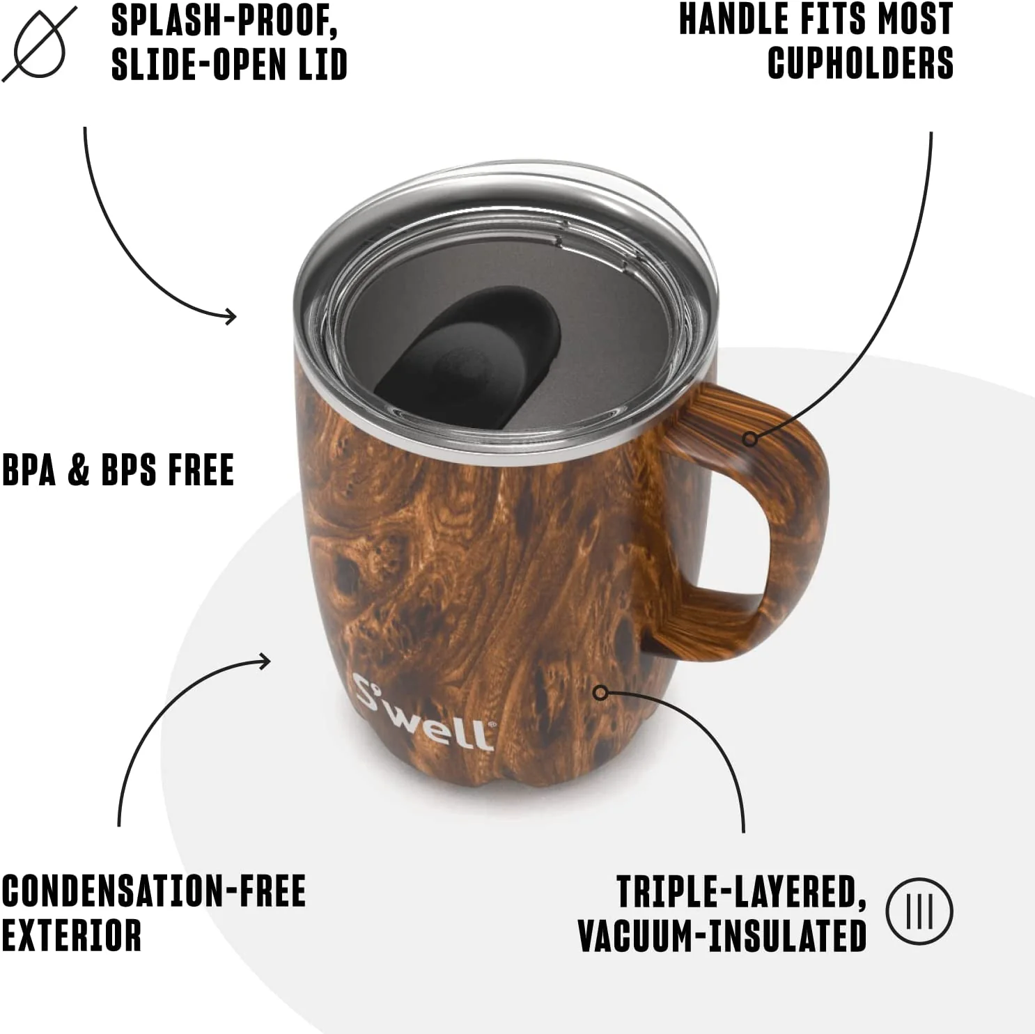 S'well Triple-Layered, Vacuum-Insulated Mug – 12oz –Teakwood - Image 2