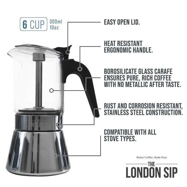 The London Sip Glass Stovetop Espresso Coffee Maker – 6 Cup - Image 2