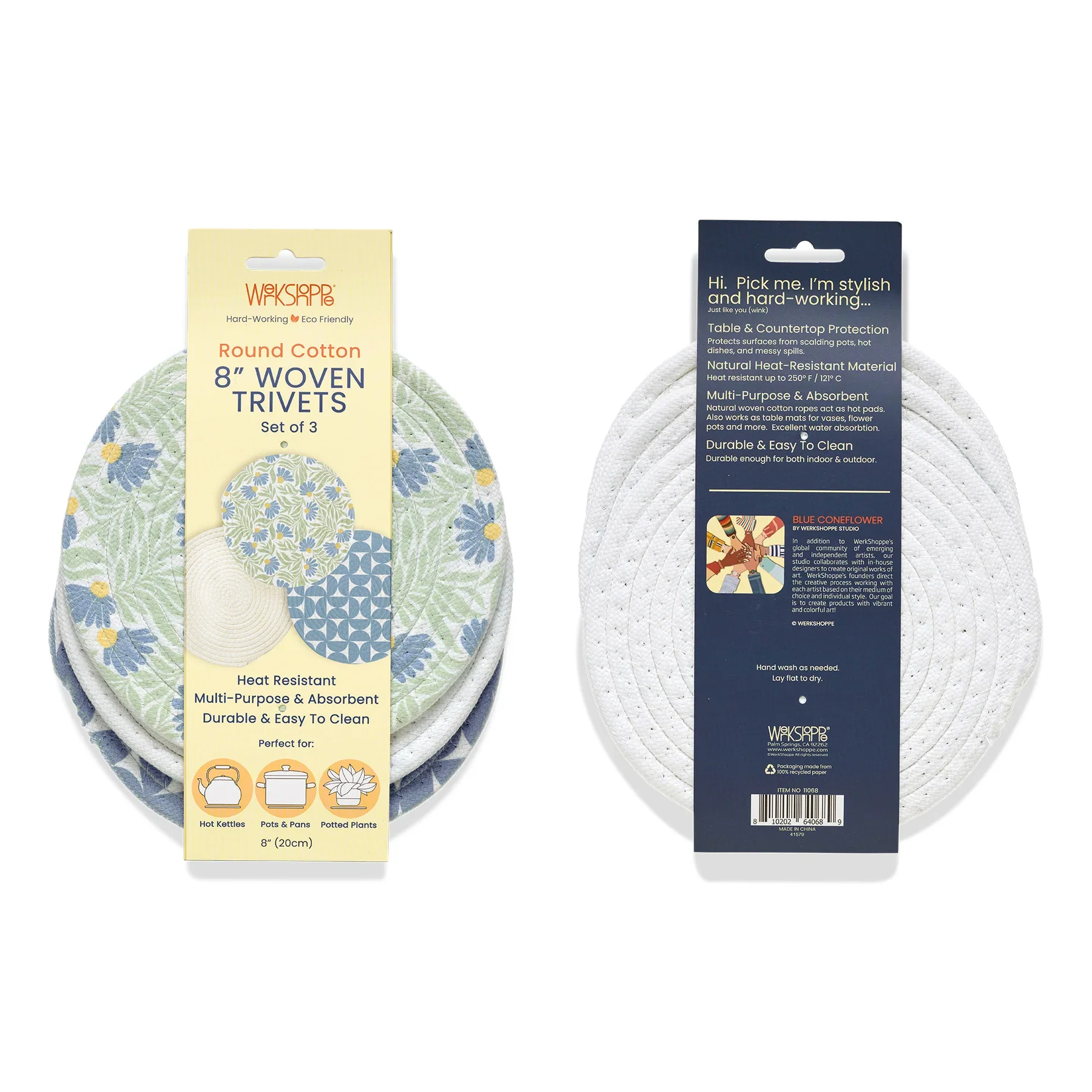 Werkshoppe Blue Coneflower Cotton Kitchen Trivets – 8" – Set of 3 - Image 2
