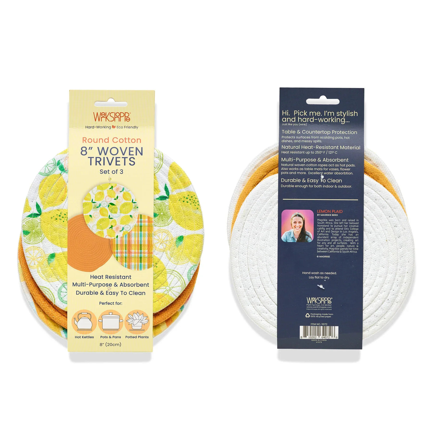Werkshoppe Lemon Plaid Cotton Kitchen Trivets – 8" – Set of 3 - Image 3