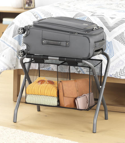 Whitmor Gray Luggage Stand with Hanging Shelf and Fabric Bin - Image 3
