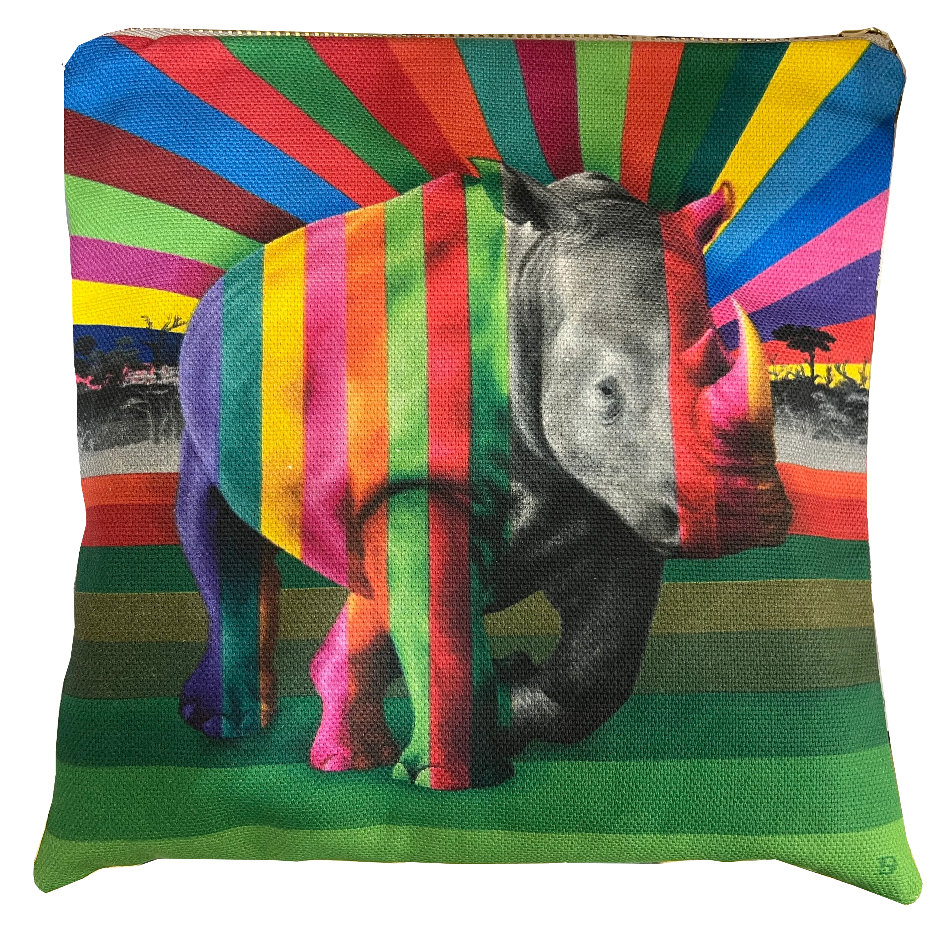 Wildlife in Colour Hand-Made Small Zip Bag – Rhino – 8" X 6"